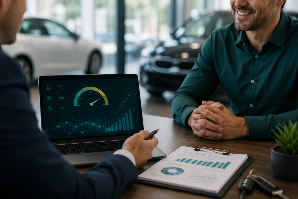 Auto dealer reviewing subprime auto finance applications and approval options